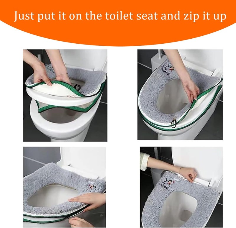 HICYOO Toilet Seat Warmer Cover & Toilet Lid Cover Grey Toilet Seat Covers for Bathroom with Zipper Handle Plush Thicker Washable - Image 5